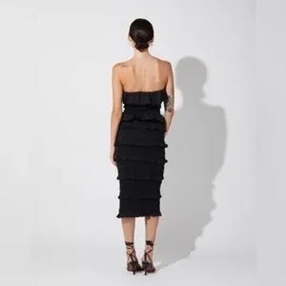 CLEOBELLA Black Poplin Ruffle Strapless Halter Elodie Midi Dress Size Large - Picture 2 of 11